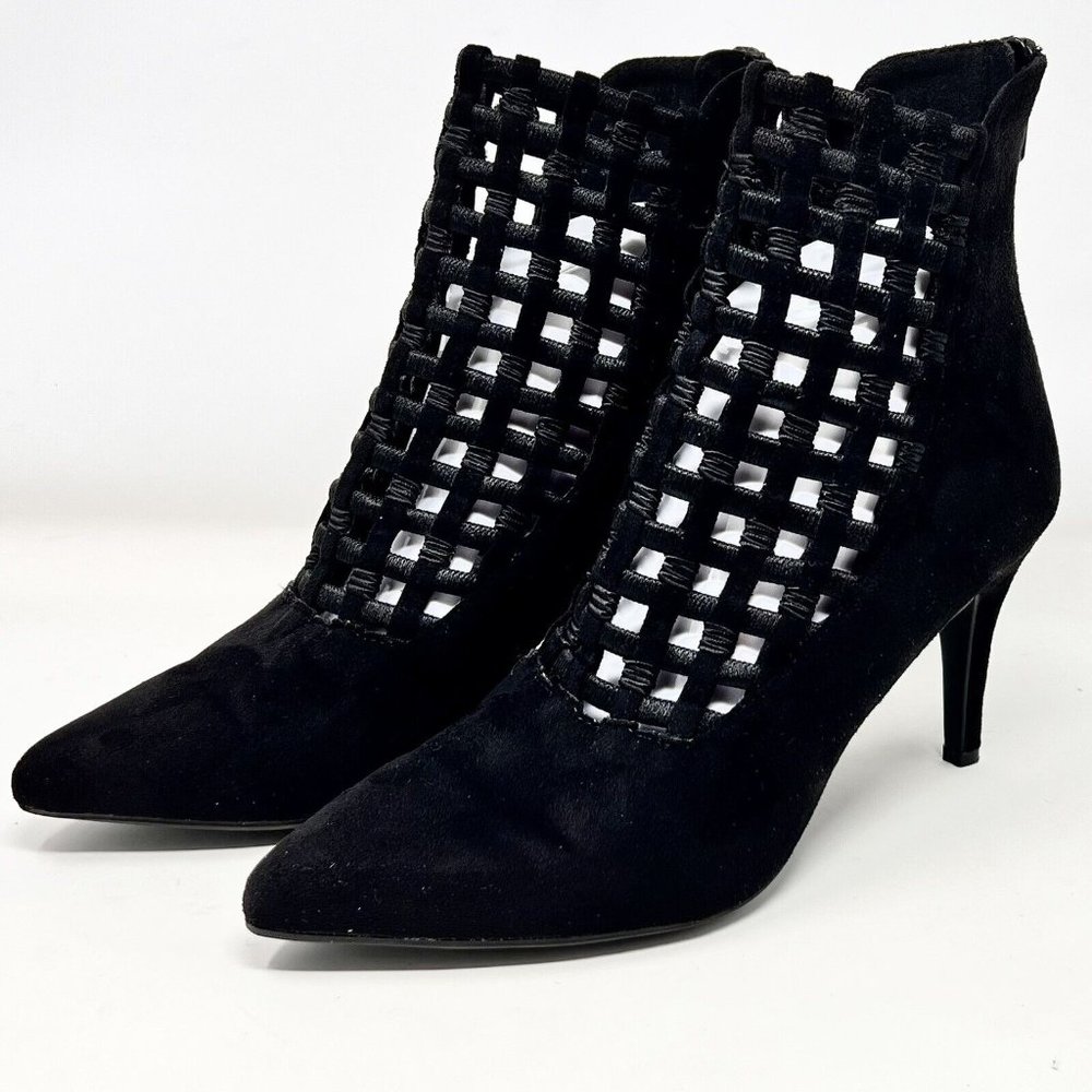 Impo Black Faux Suede Stretch Ankle Boots Lattice Cutwork Zipper Back 3.5” Heel